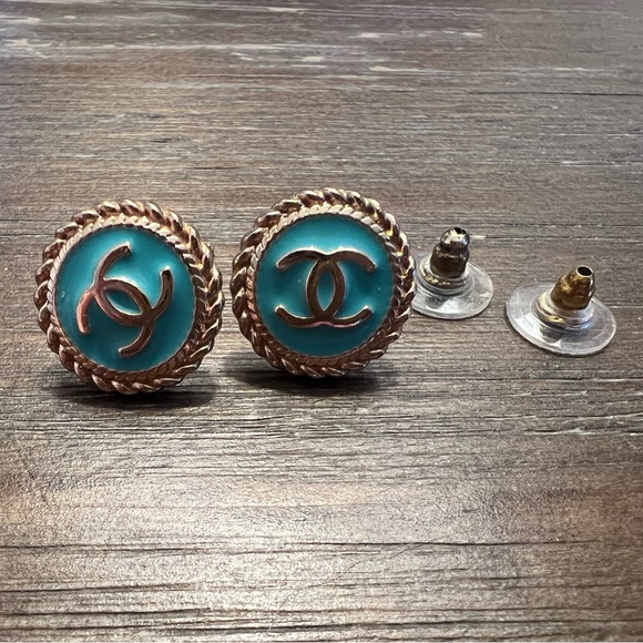 Authentic Chanel Gold Aqua Tiffany Blue Teal Green logo button stud earrings - Picture 1 of 3